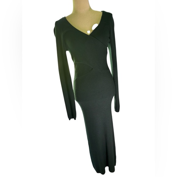 Freshman Dresses & Skirts - Elegant Black Ribbed Knit Midi Dress | Asymmetrical Neckline | Long Bodycon